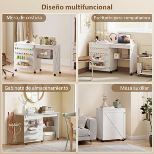 Mesa de Costura Plegable, Mesa Máquina de Coser con Puerta Magnética, 2 Compartimentos, Estante, 18 Soportes para Hilos, 5 Ruedas, Ahorro de Espacio, Blanco