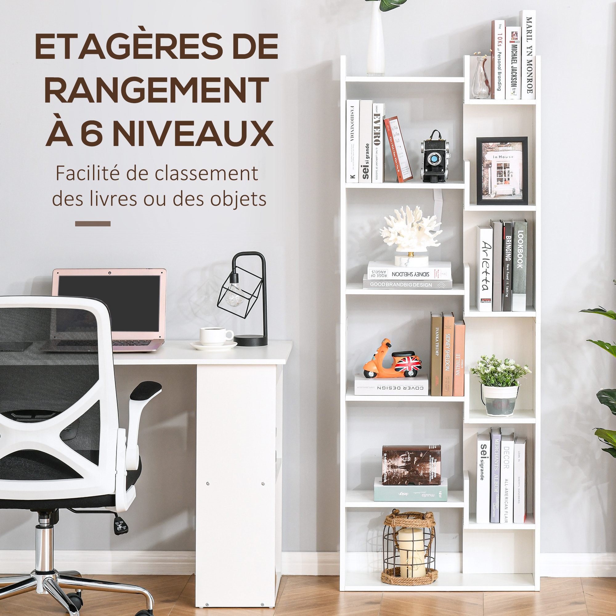 Bibliothèque étagère 6 niveaux design zig zag dim. 60 x 21 x 162,5 cm effet bois blanc
