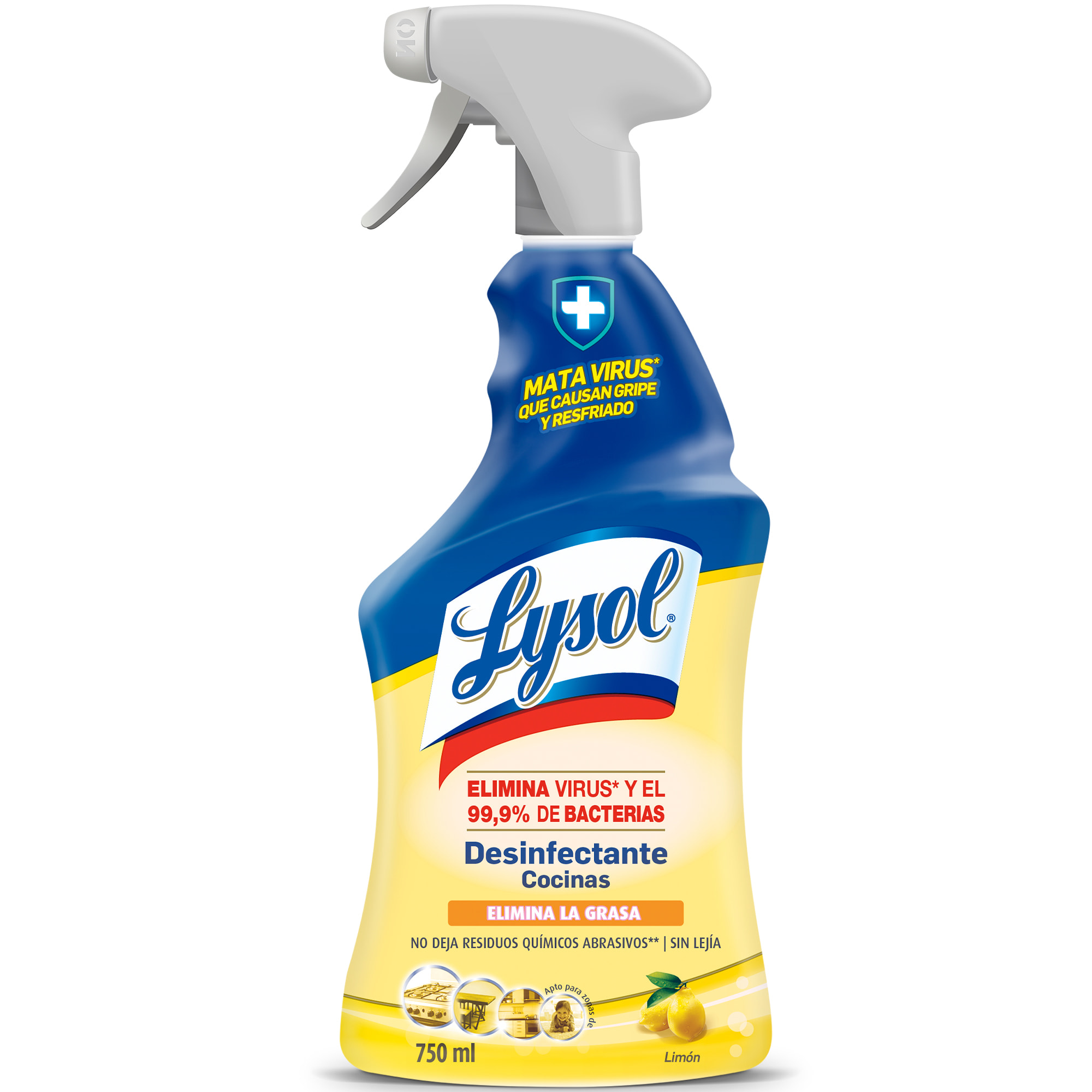 Lysol Limpiador desinfectante quitagrasas cocinas, elimina virus, bacterias sin lejía, aroma limón, spray - Pack 3x750ml