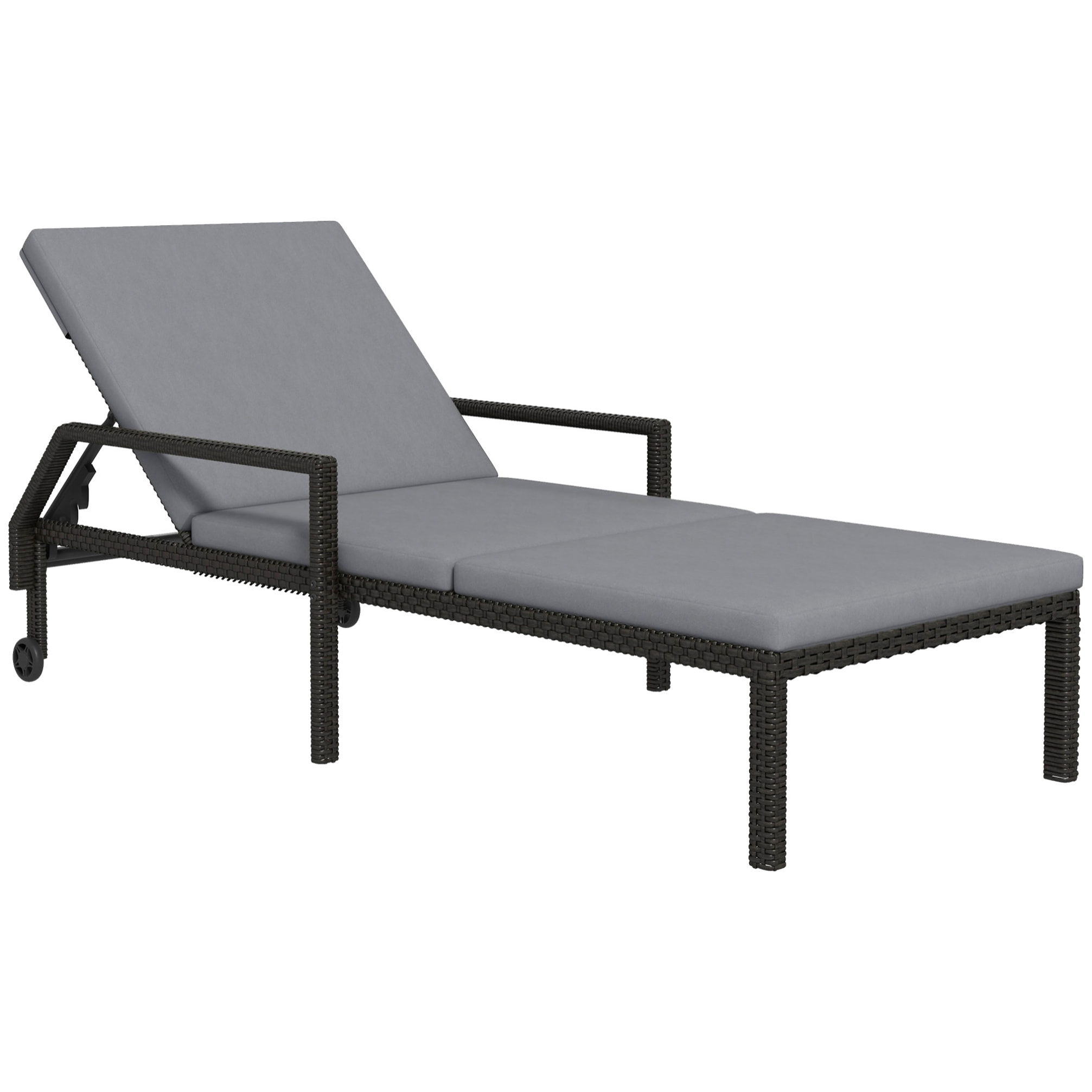 Tumbona de Ratán Chaise Longue de Jardín con Respaldo Ajustable en 5 Posiciones Cojín Acolchado y 2 Ruedas Carga 120 kg 73x200x48 cm Gris Claro y Negro