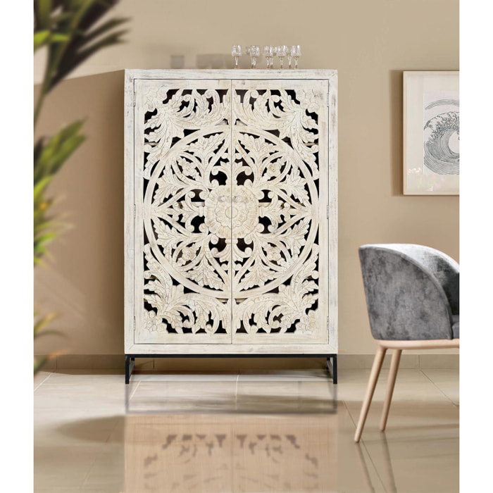 Alacena de Madera de Mango 110 Cm Estilo Étnico Boho Tallado