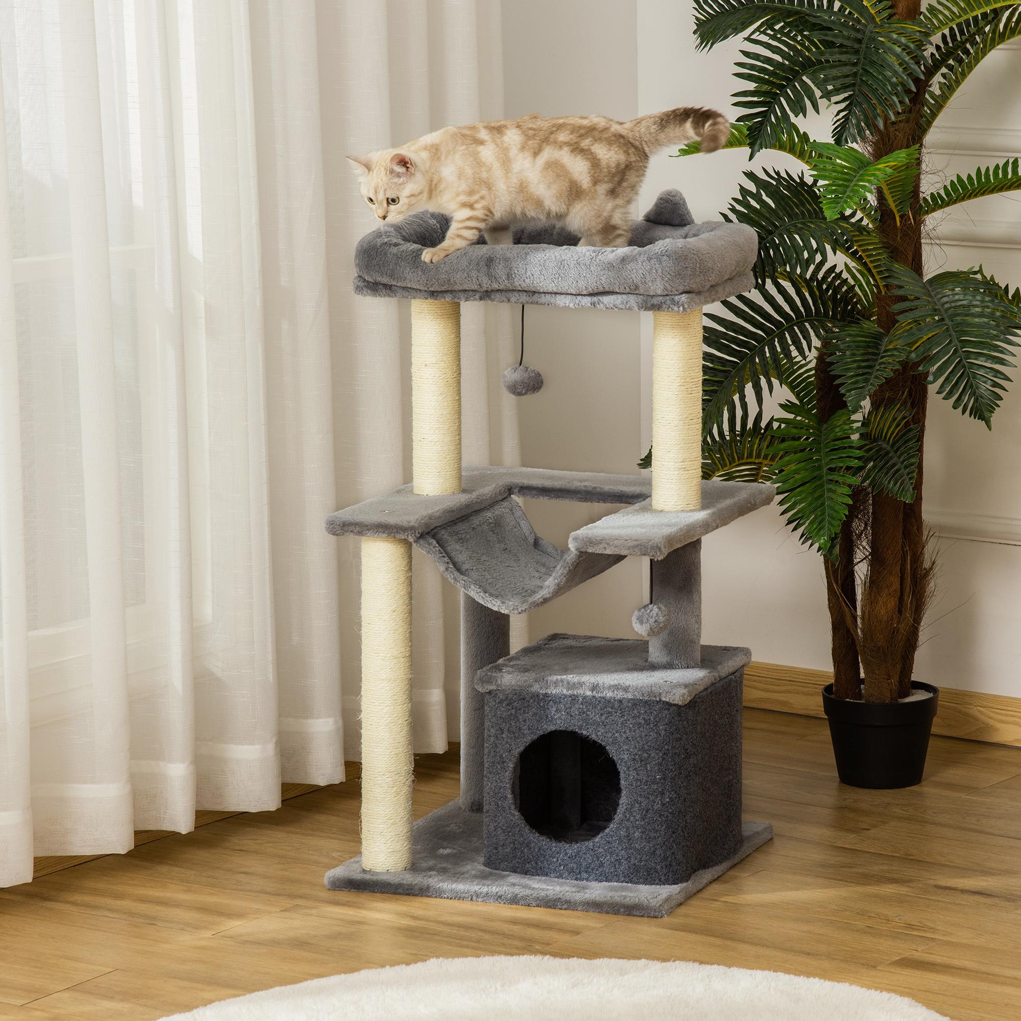 Árbol Rascador para Gatos Altura 90 cm Árbol para Gatos Torre para Gatos de 3 Niveles con Nido Hamaca Plataforma Bolas Colgantes y Poste de Sisal 48x48x90 cm Gris