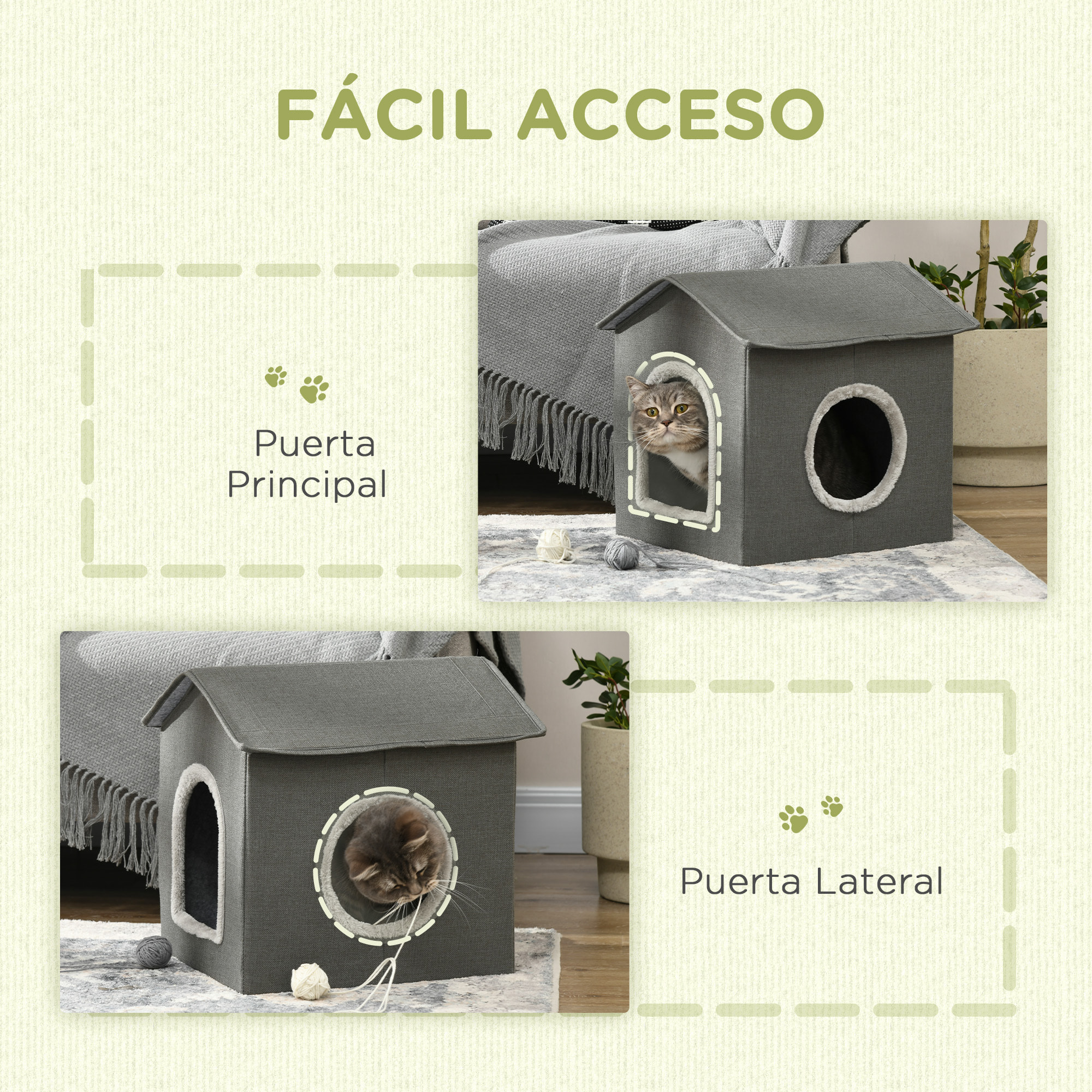 Casa para Gatos Cama para Gatos Cueva para Gatos con 2 Puertas y Cojín Lavable 39x43,5x40,5 cm Gris