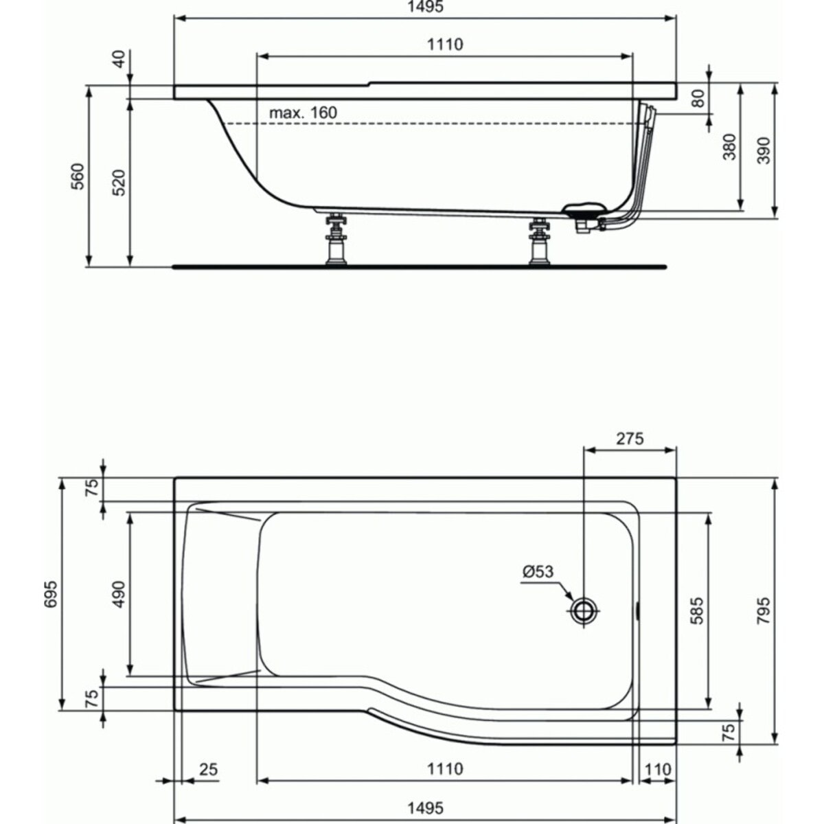 IDEAL STANDARD Baignoire Connect air 150 X 80 avec Pare Bain asymétrique gauche