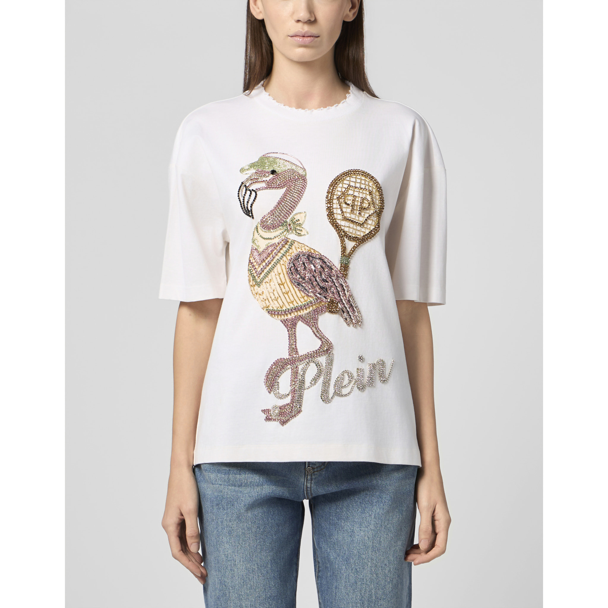 PHILIPP PLEIN Open Back Man Fit T-Shirt Flamingo Crystals