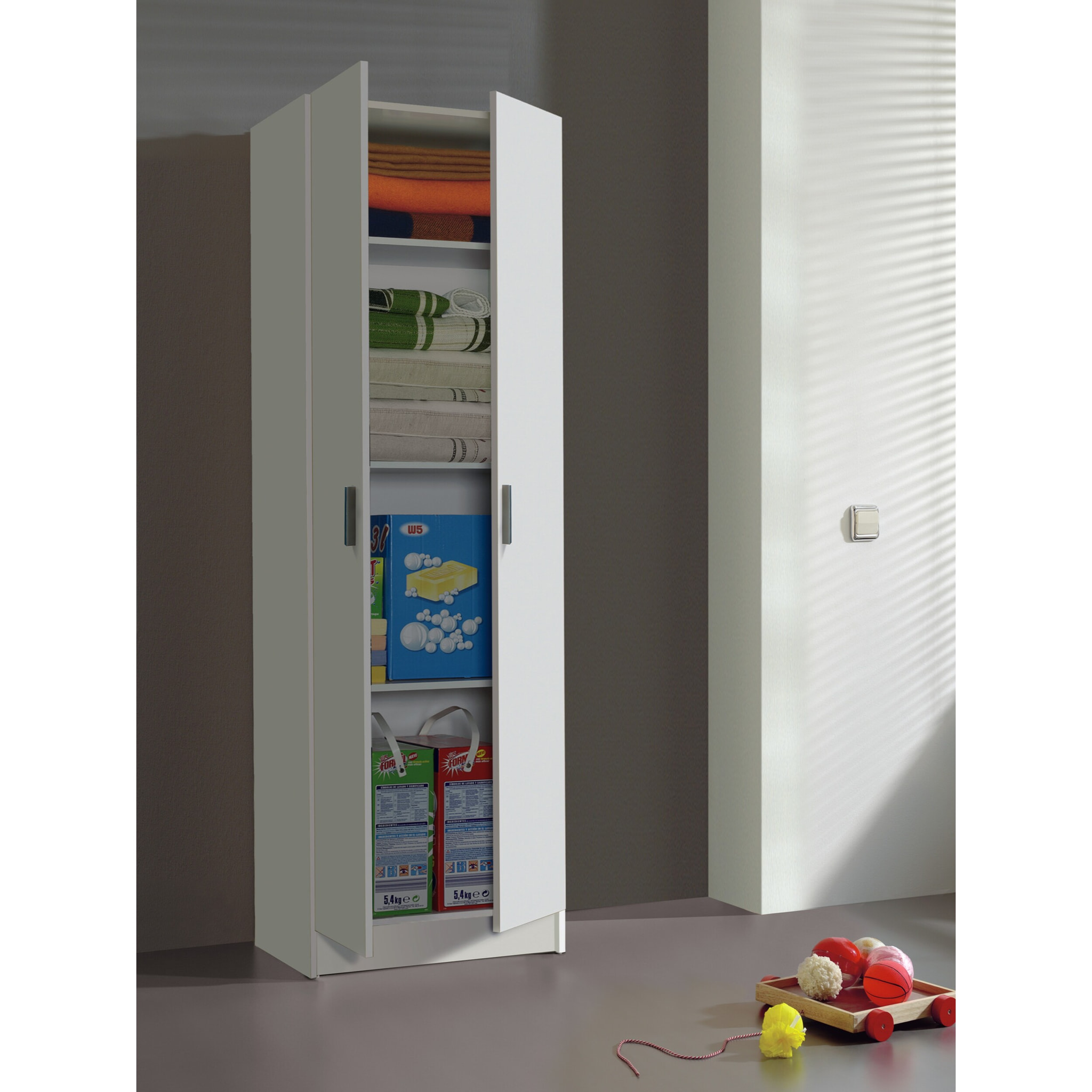 Armadio Armadietto Multiuso A Colonna 2 Ante Battenti E 4 Ripiani Salvaspazio Cantina Camera Garage Ripostiglio Dispensa Cucina 58.5x180x38 Cm Bianco