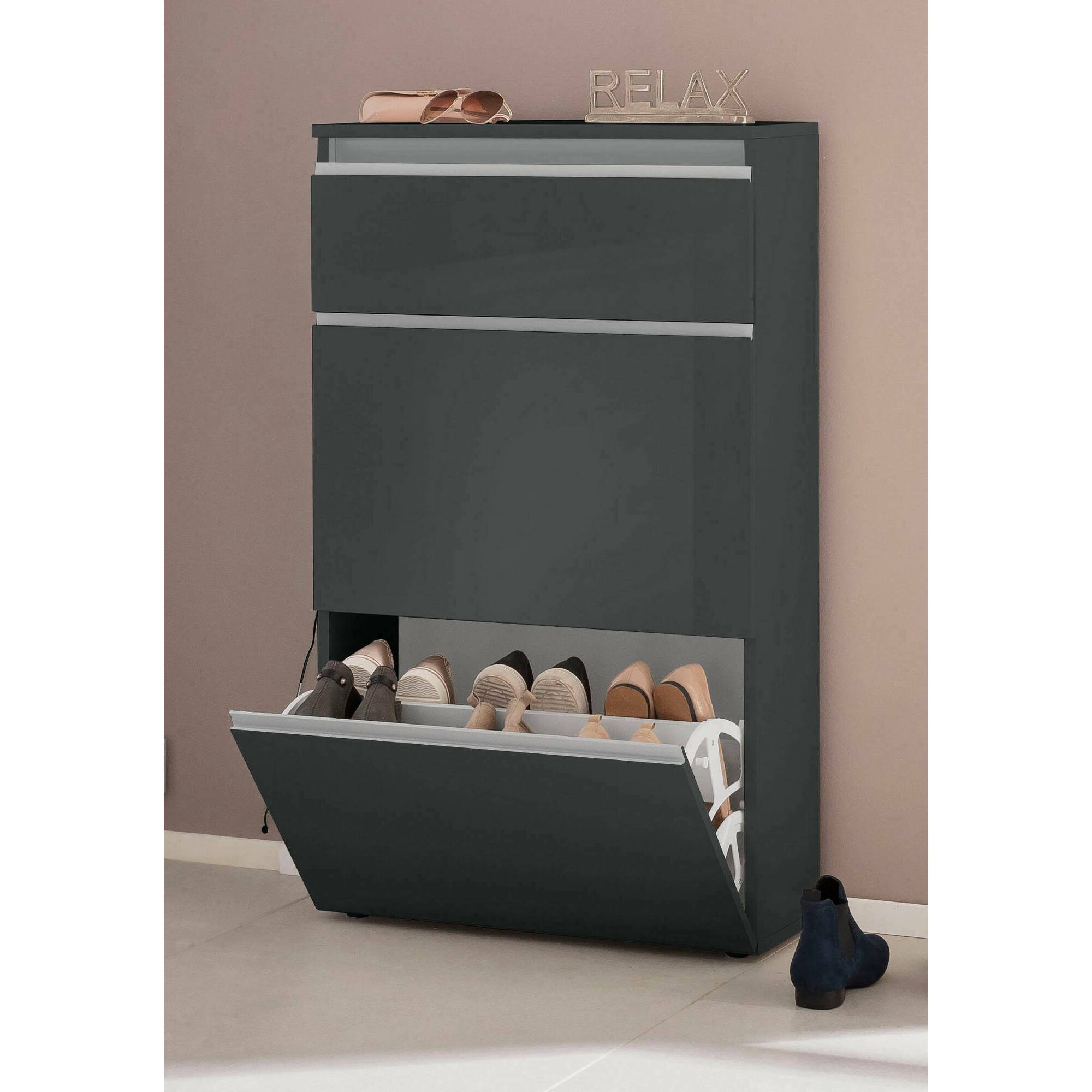 Scarpiera Alejandra, Mobile multiuso a 2 ante e 1 anta a ribalta, Portascarpe da ingresso, 100% Made in Italy, cm 60x27h108, Antracite lucido