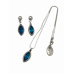 Conjunto colgante y pendientes de lagrá­ma en zamak chapado plata de ley y cristal facetado en azul .