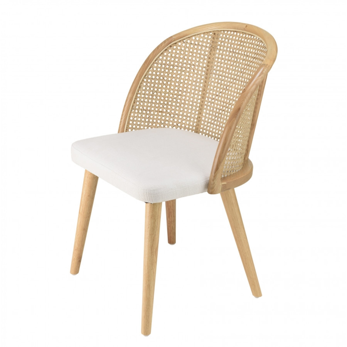 ALBANE - Chaise bois d'Hévéa assise tissu blanc dossier arrondi rotin