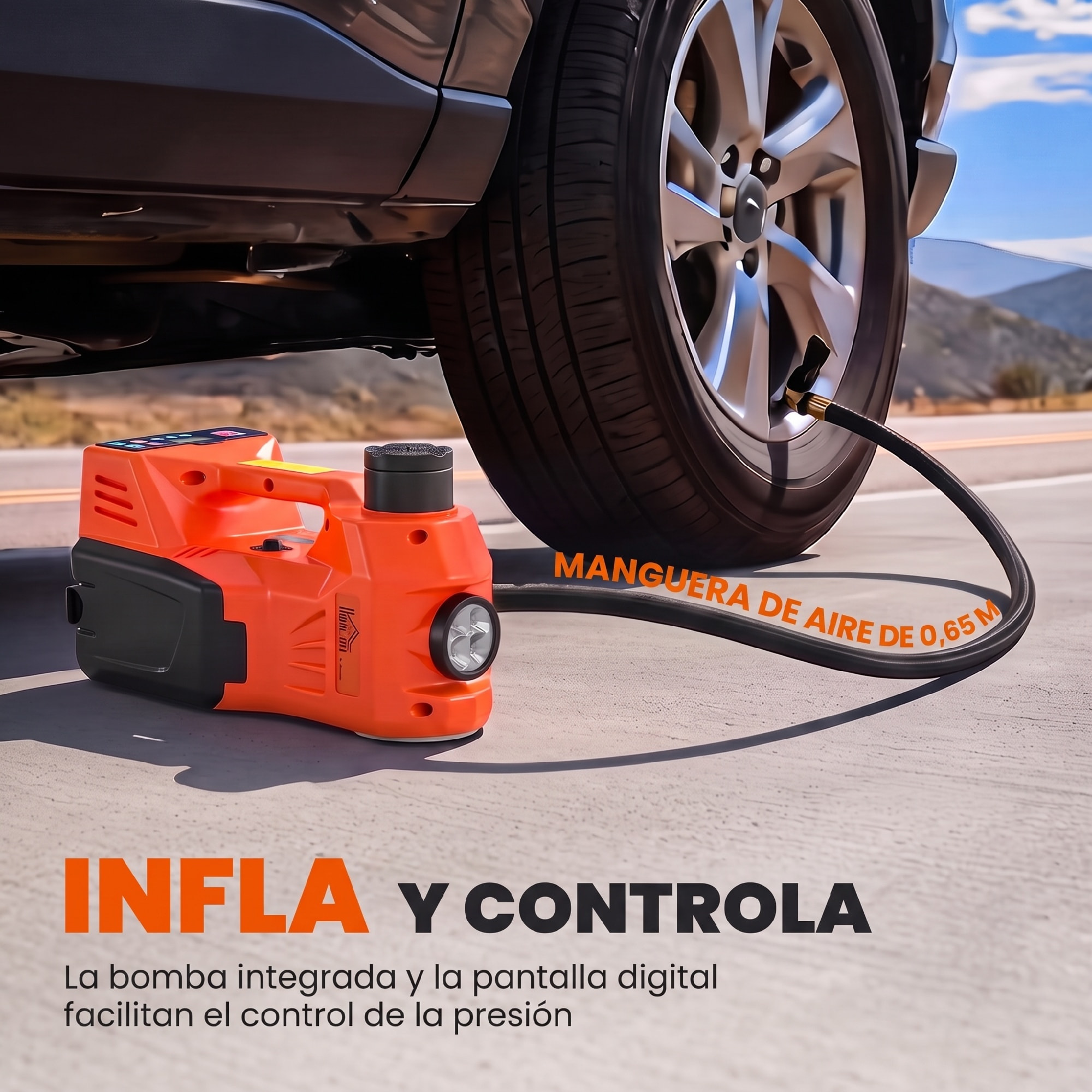 HOMCOM Kit de Gato Hidráulico Eléctrico de 5T 12V, Elevador de Coche Automático 143-450 mm, con Luz LED, Luces Advertencia, Bomba Aire, Llave Hexagonal, Martillo, Maletín Reflectante para SUV y Sedán