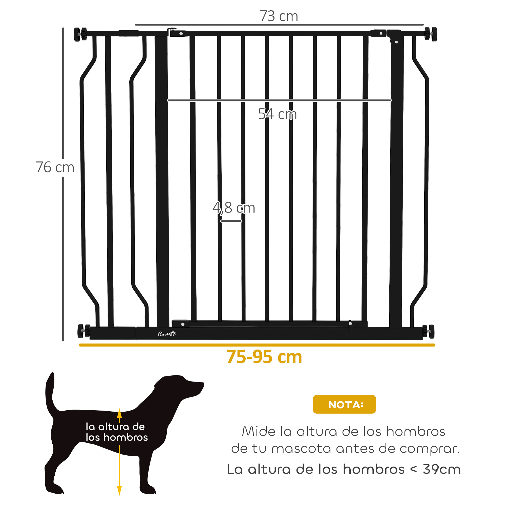 Barrera de Seguridad para Perros Extensible 75-95 cm para Puertas y Escaleras Puerta de Seguridad para Mascotas con Extensiones Montaje a Presión y Doble Bloqueo Negro
