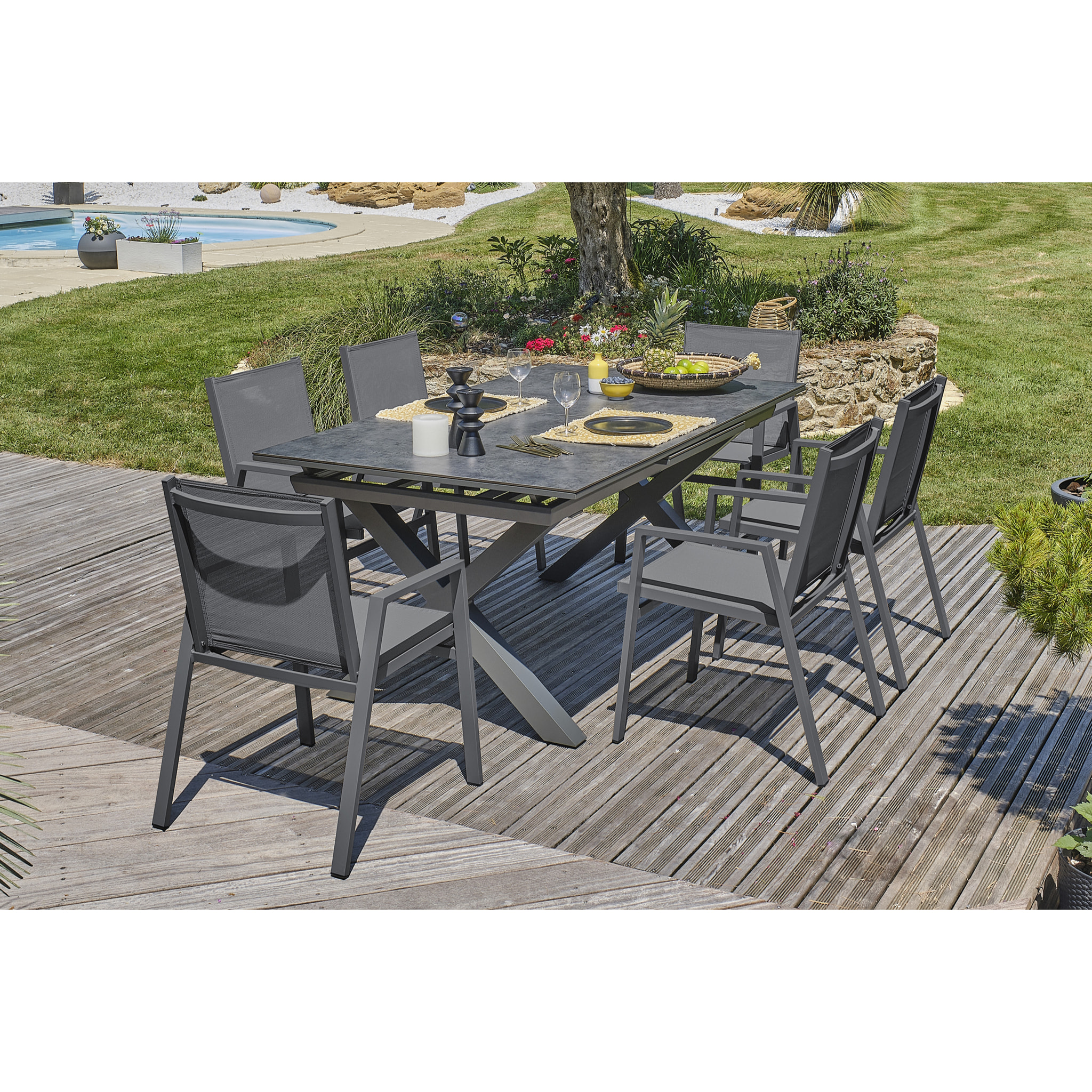 FLORIDE - Ensemble repas de jardin 6 pl plateau céramique sur verre