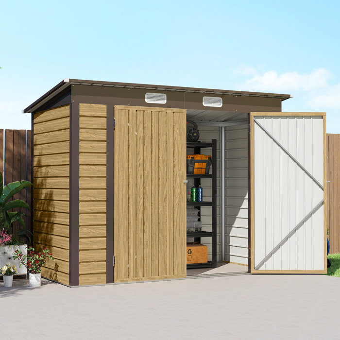 Abri de jardin 3 m² tôle d'acier 2 portes verrouillables 2 évents toit incliné effet bois clair marron