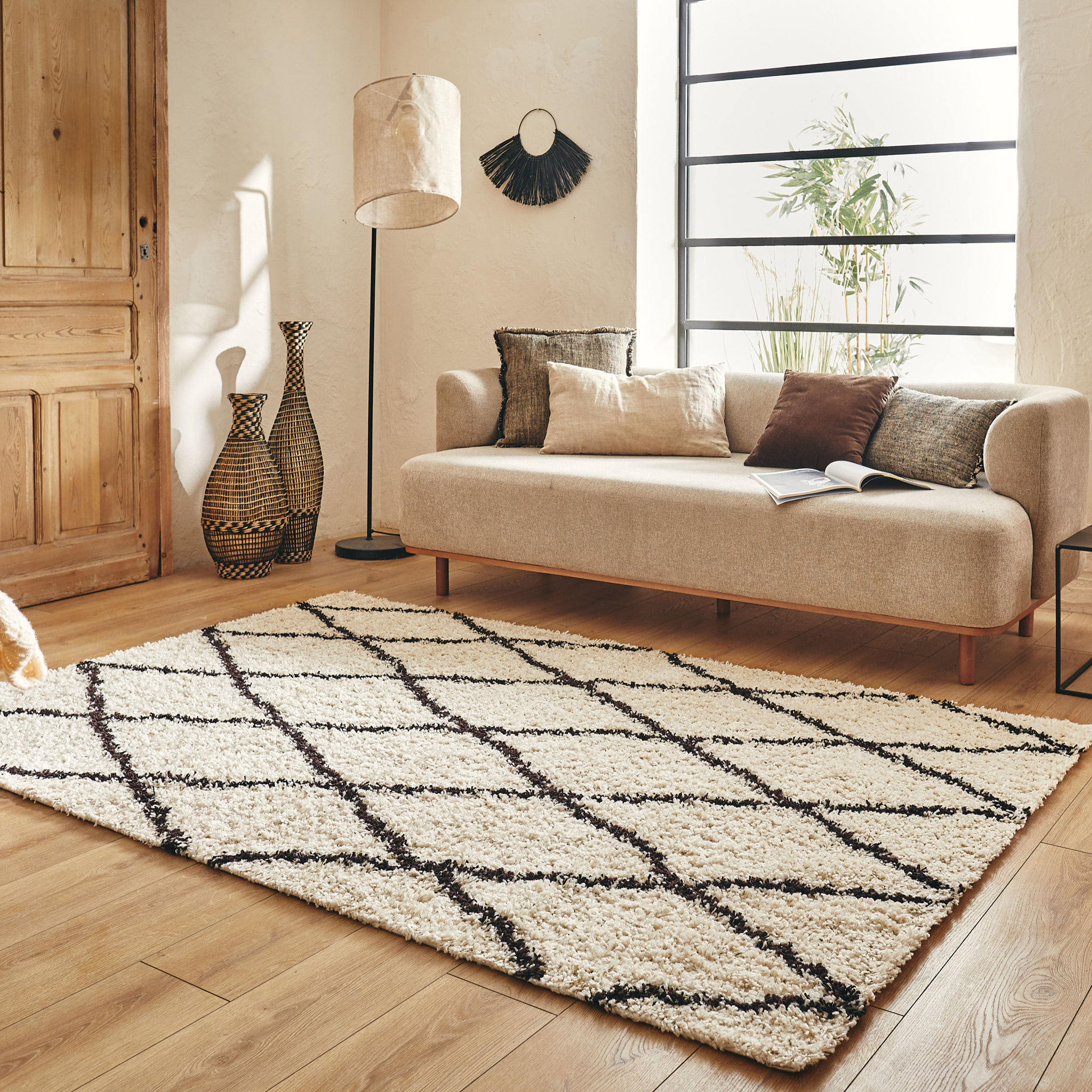 Asma - Tapis shaggy berbère, crème et café