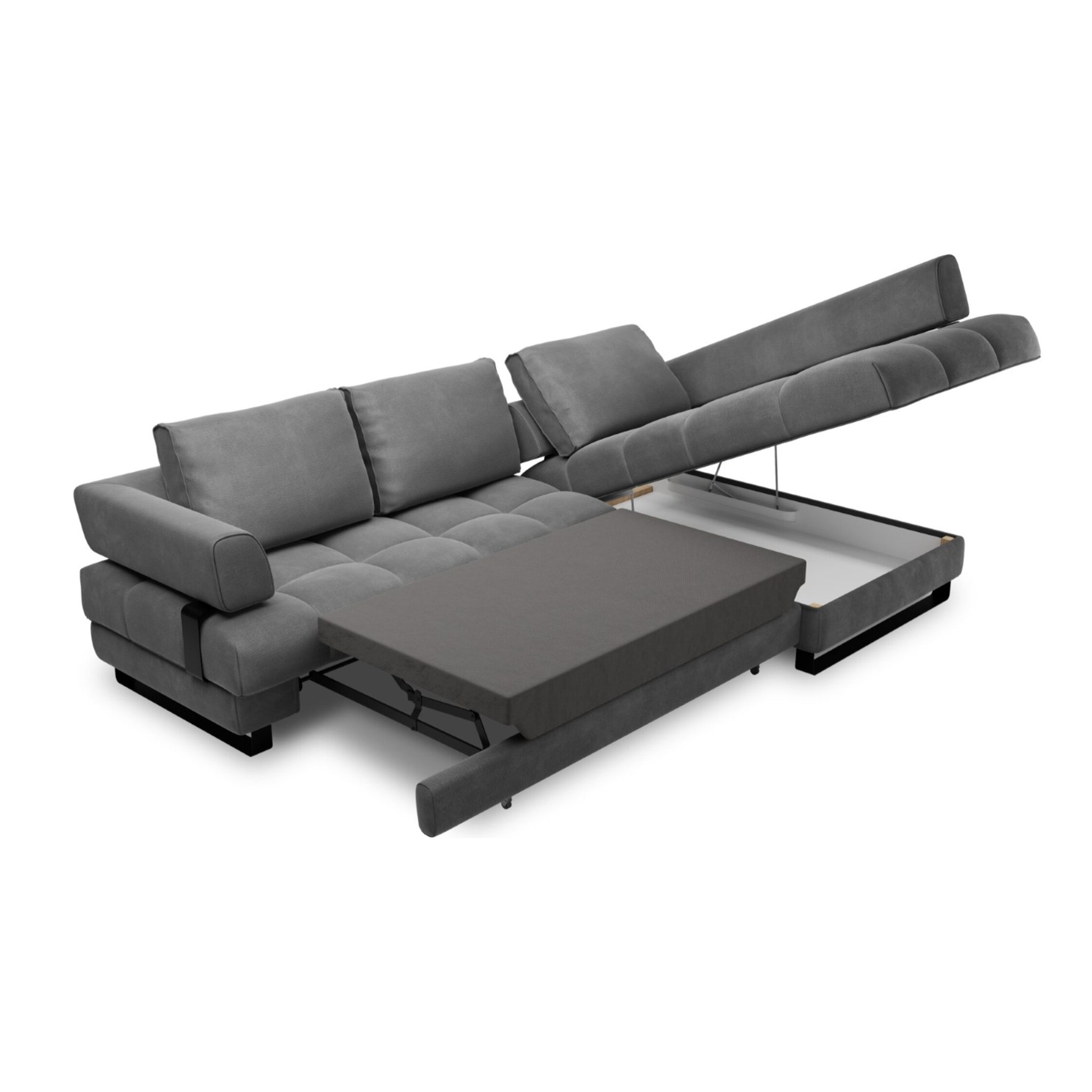 Canapé d'angle droit convertible avec coffre de rangement "Clinton" 5 places en velours gris foncé