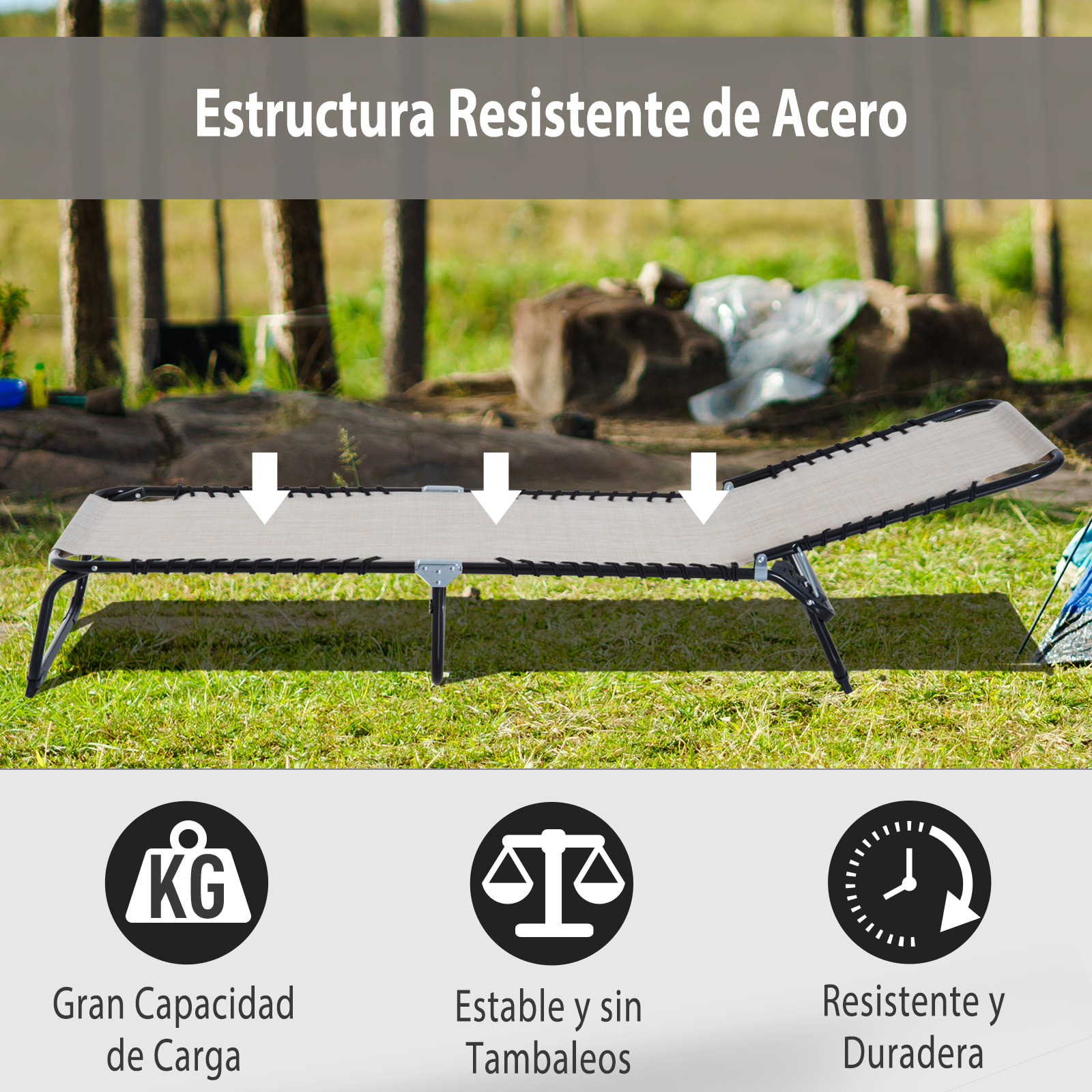 Tumbona Plegable, Tumbona Jardín Exterior Reclinable 4 Posiciones con Reposacabezas y Marco de Acero, Carga 120 kg, para Terraza, Piscina, Playa, 189x58x30 cm, Crema