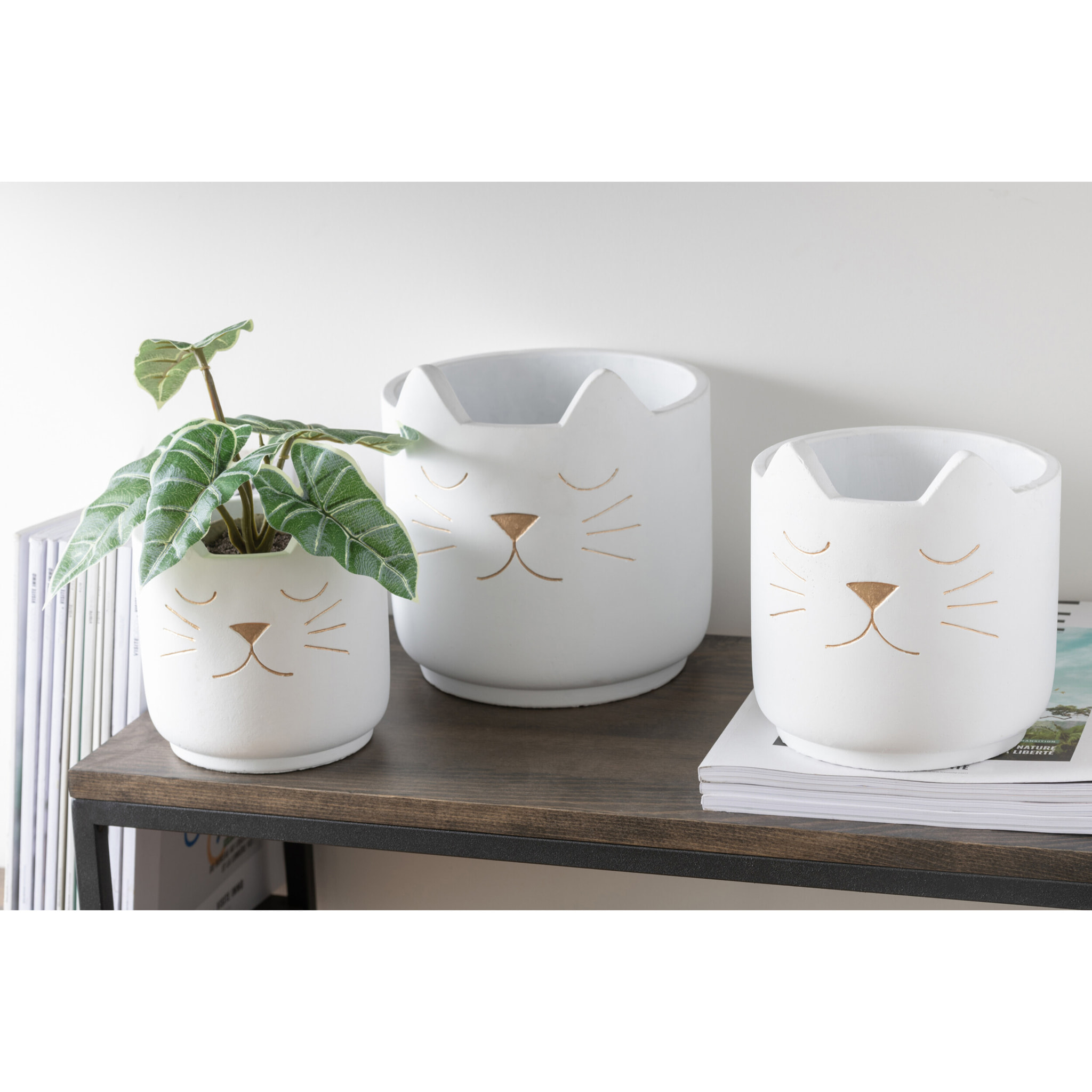 J-Line cache-pot Chat - ciment - blanc/or - large - Ø 19 cm