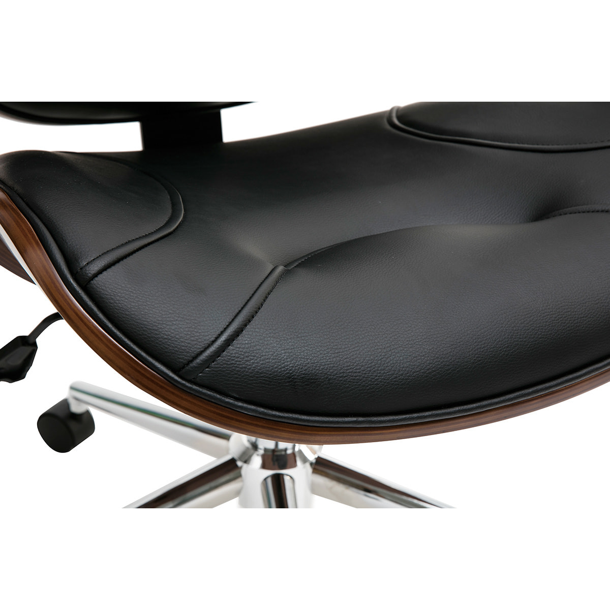 Chaise de bureau à roulettes design noir, bois foncé noyer et acier chromé YORKE