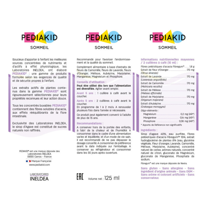 PEDIAKID - Complément Alimentaire Naturel Pediakid Sommeil - Formule Exclusive au Sirop d'Agave - Améliore la Qualité du Sommeil - Favorise l'Endormissement - Lot de 3 sirops 125ml