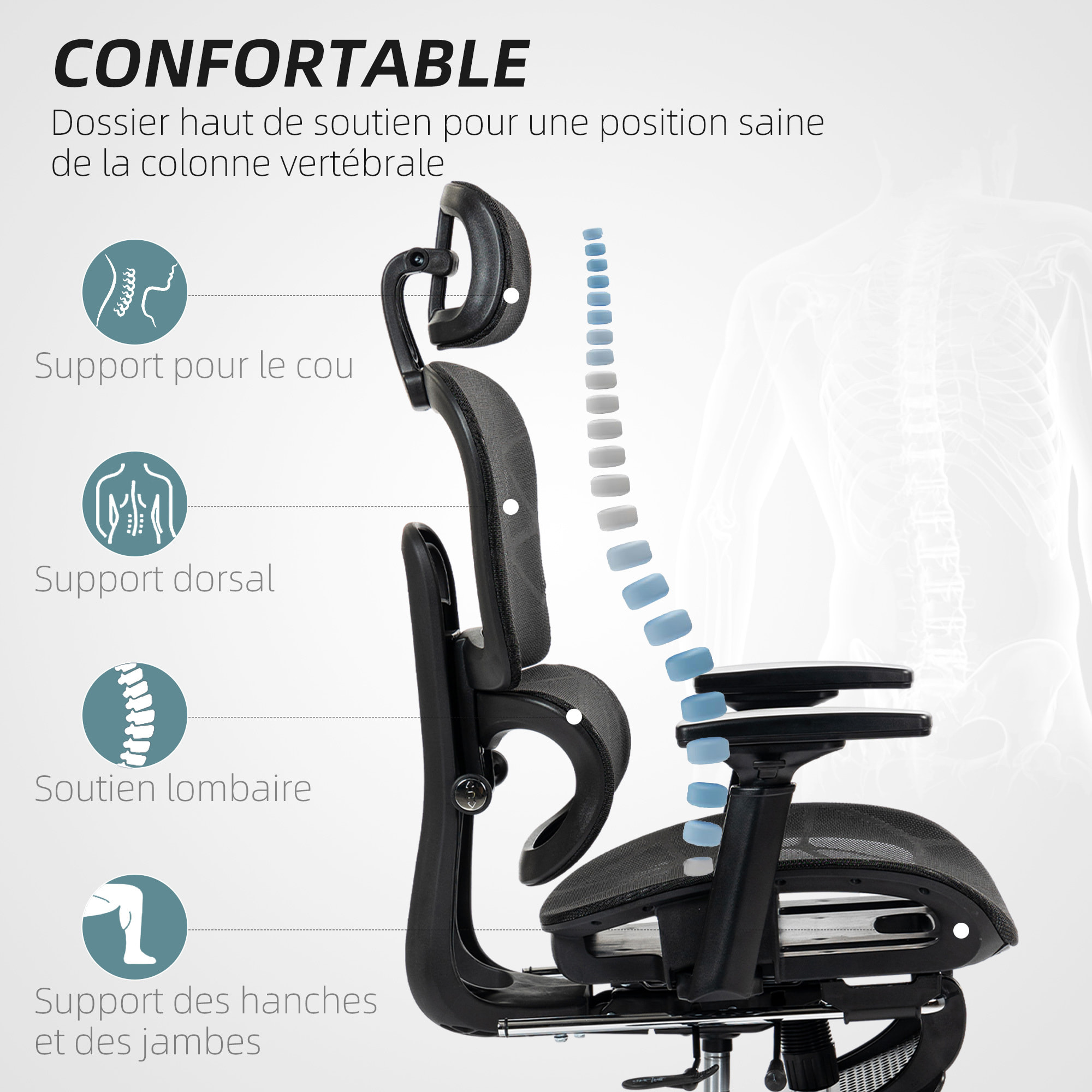 Fauteuil de bureau ergonomique grand confort entièrement réglable tissu maille noir