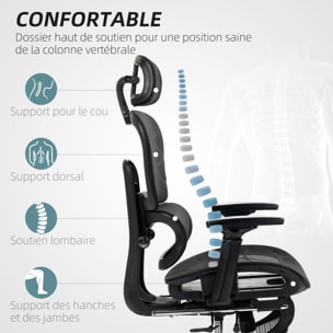 Fauteuil de bureau ergonomique grand confort entièrement réglable tissu maille noir