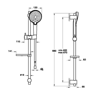 Ensemble de douche VITRA Aquaheat Bliss 3 jets nickel brossé avec barre, porte savon et flexible