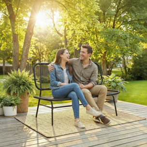 Sofá Exterior de Ratán de 2 Plazas, Sofá de Jardín Exterior con Asiento y Respaldo Tejidos de Ratán PE, Estructura de Acero, Carga 240 kg, para Balcón, Porche, Patio, Negro