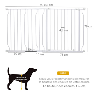 Barrière de sécurité animaux - longueur réglable dim. 75-145 cm - porte double verrouillage, ouverture double sens -sans perçage - acier ABS blanc