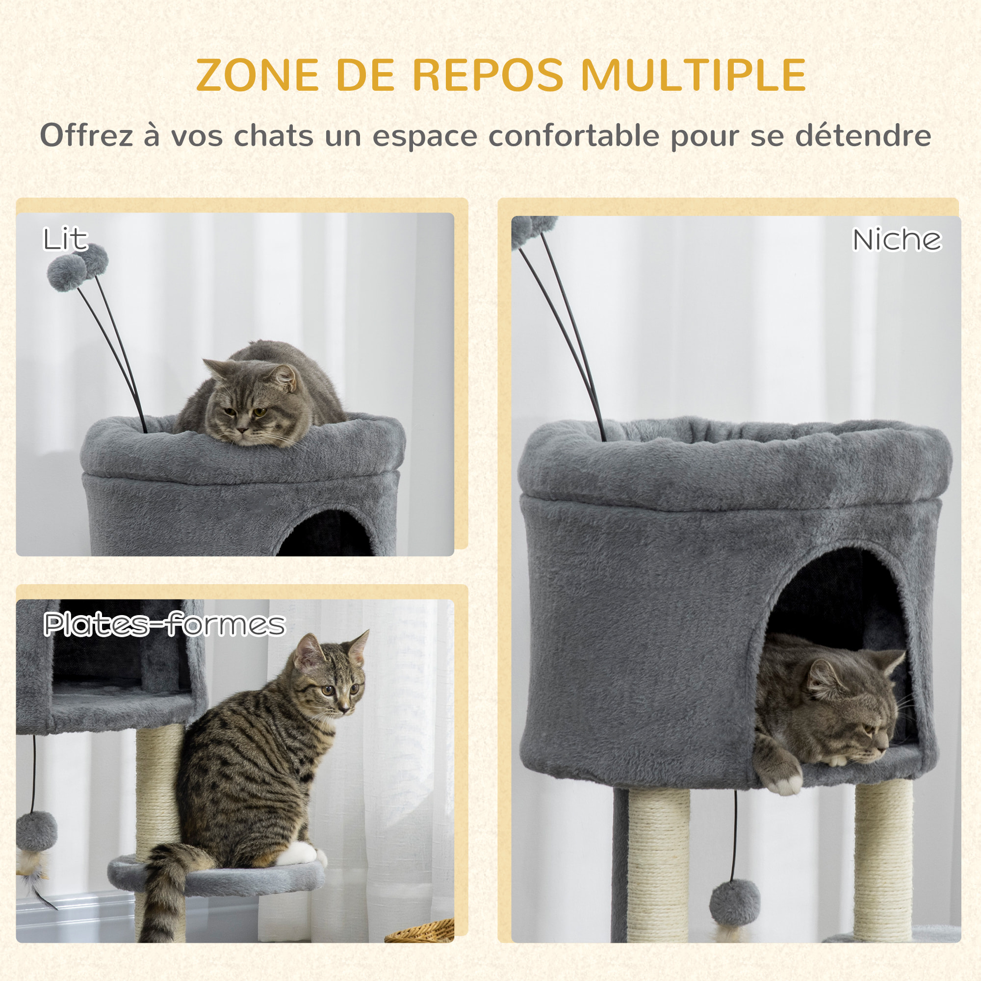 Arbre à chat 2 griffoirs sisal naturel niche plateforme panier observation jeu boules peluche gris