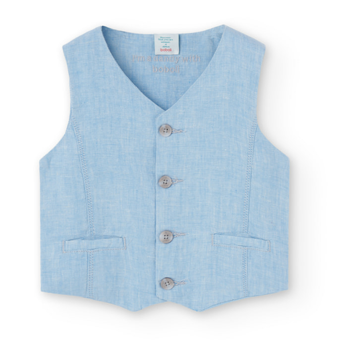 Chaleco niño, lino liso, cuello pico, azul celeste