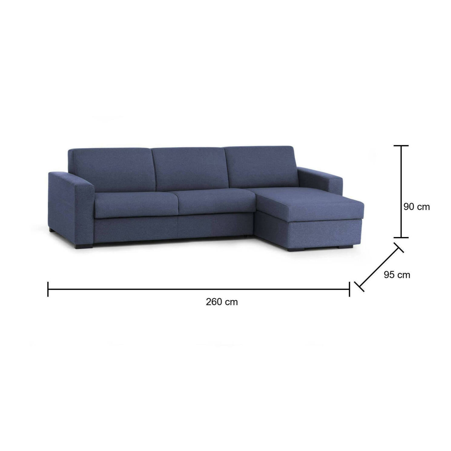 Divano Letto Alisea, Divano ad angolo, 100% Made in Italy, Sofà con apertura girevole, con Penisola contenitore reversibile, con Braccioli slim, Cm 260x95h90, Blu