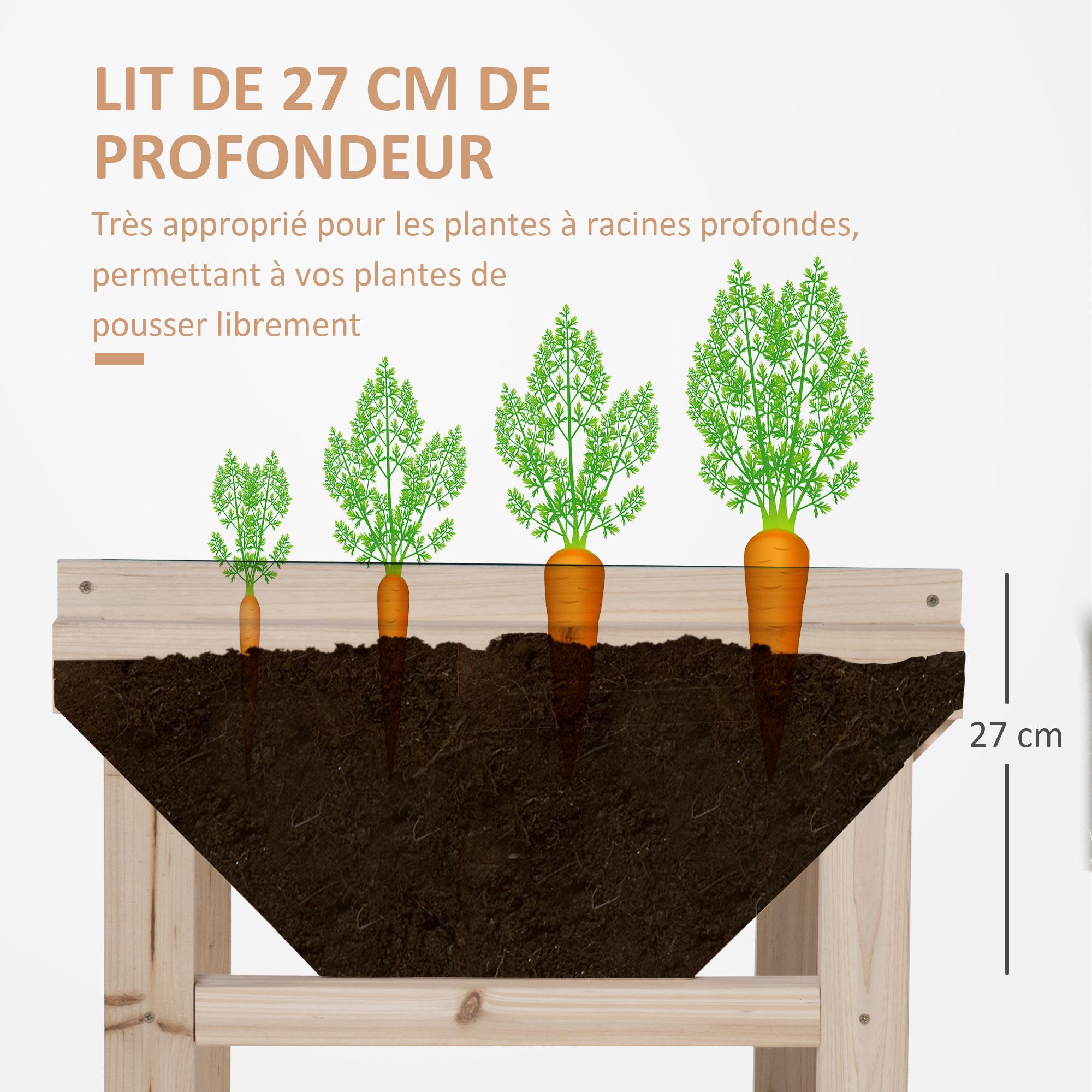 Jardinière sur pieds potager dim. 108,5L x 60l x 80H cm inserts d'irrigation + feutre de drainage inclus bois sapin