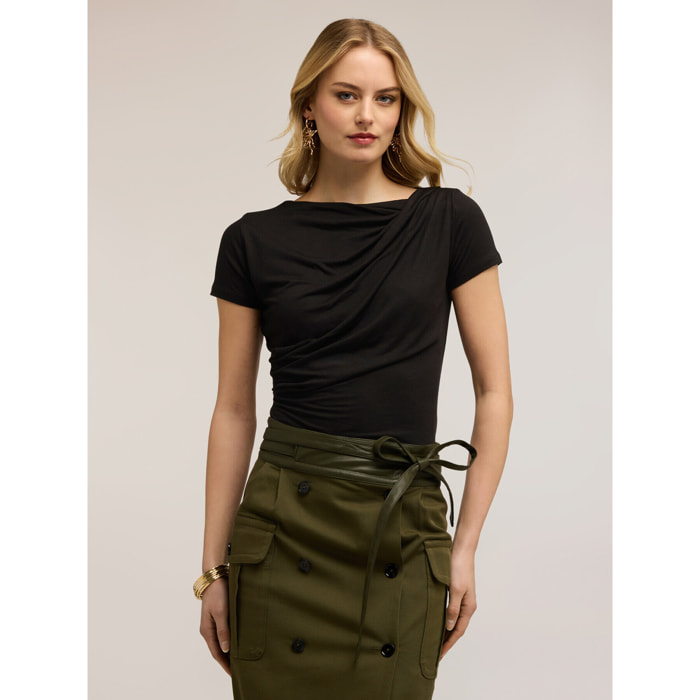 Motivi - T-shirt in jersey con drappeggio - Nero