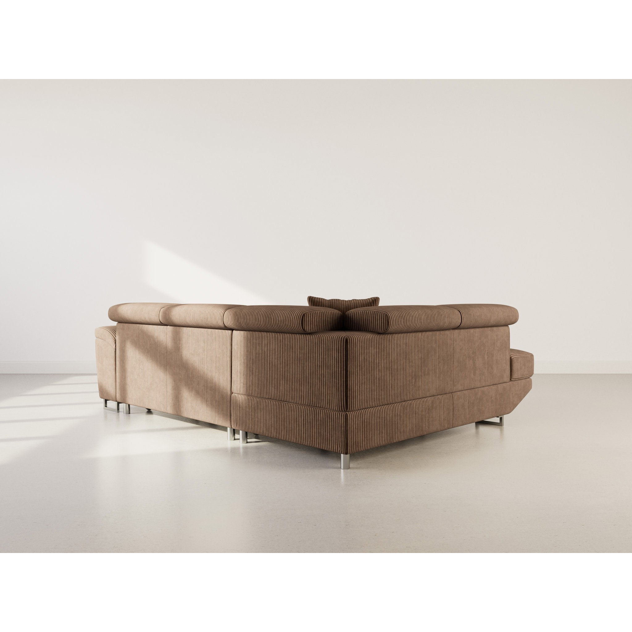 Baoji - Canapé d'angle gauche 5 places convertible avec têtières et coffre en velours côtelé - Marron