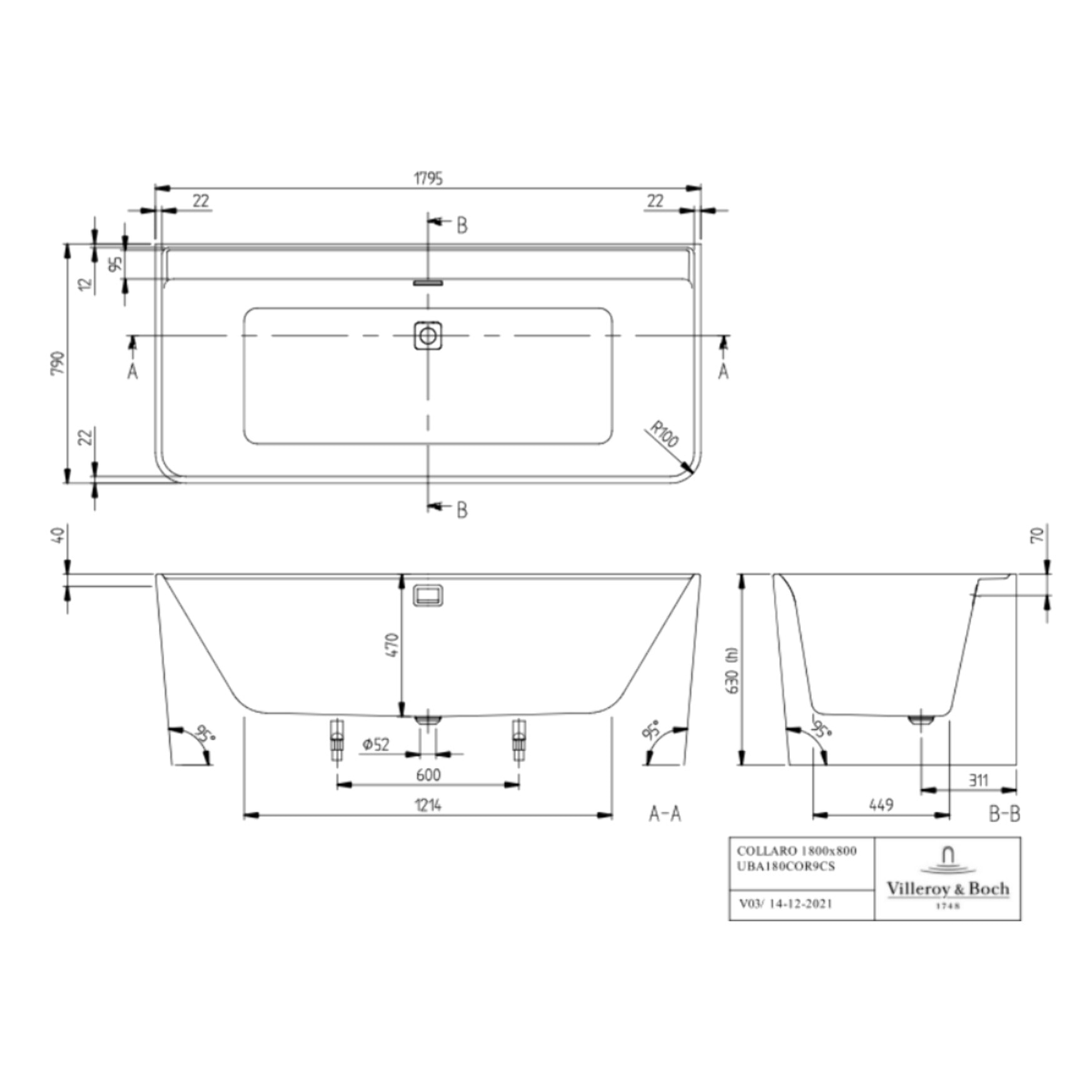 Baignoire droite murale 180 x 80 Collaro vidage blanc