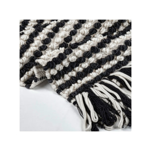 Tapis 60 x 80 cm tissu texturé petits pompons avec franges bicolores - MARINE