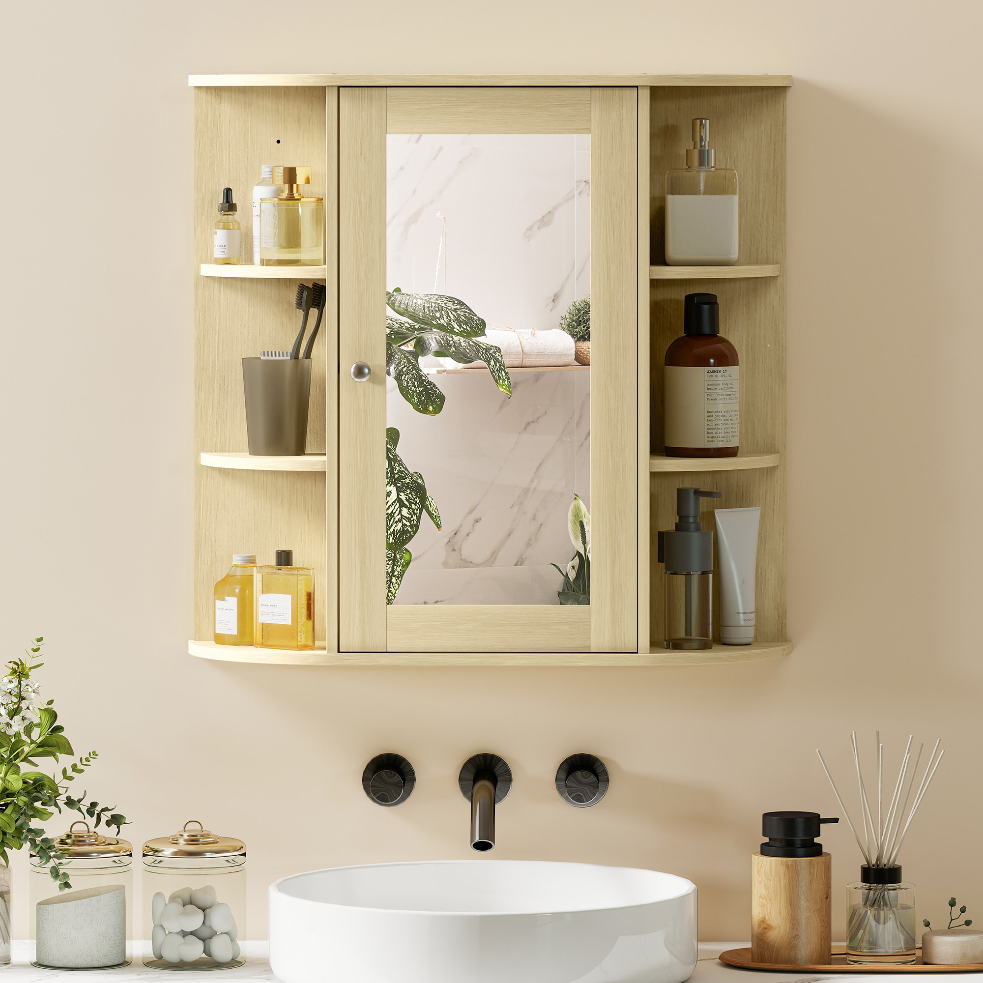 Armario de Baño con Espejo, Armario de Pared con Puerta, Estantes Abiertos, Mueble de Baño Colgar para Cocina, Salón, 66x17x63 cm, Natural