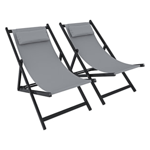 Set di 2 Sedie Sdraio Leggera Da Giardino Schienale Regolabile 5 Posizioni Pieghevole Con Cuscino Struttura Nera In Alluminio Portata 160 Kg Grigio