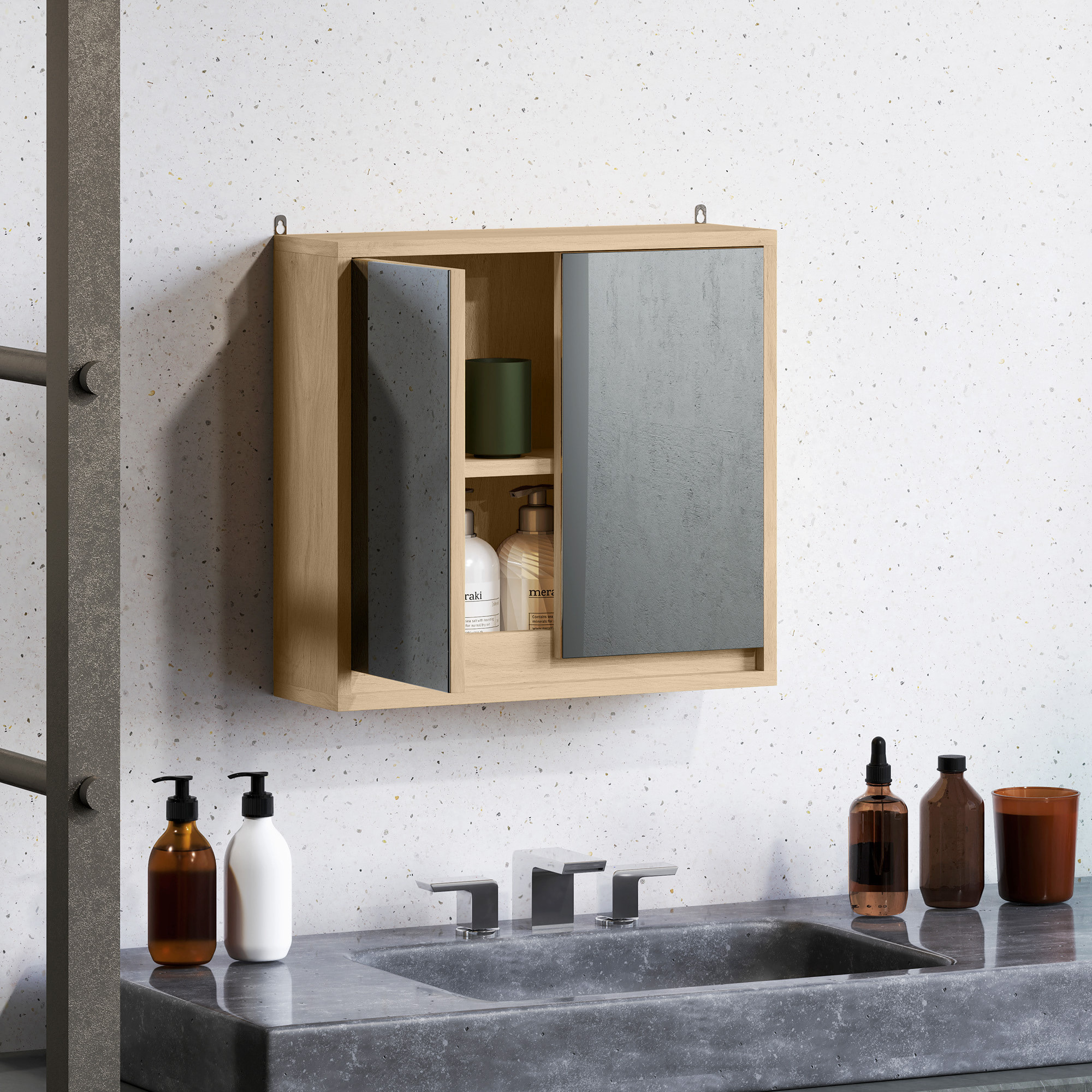 Armario de Baño con Espejo con 2 Puertas y Estante Ajustable Mueble Colgante de Baño para Aseo Estilo Moderno 48x14,5x45 cm Madera Natural