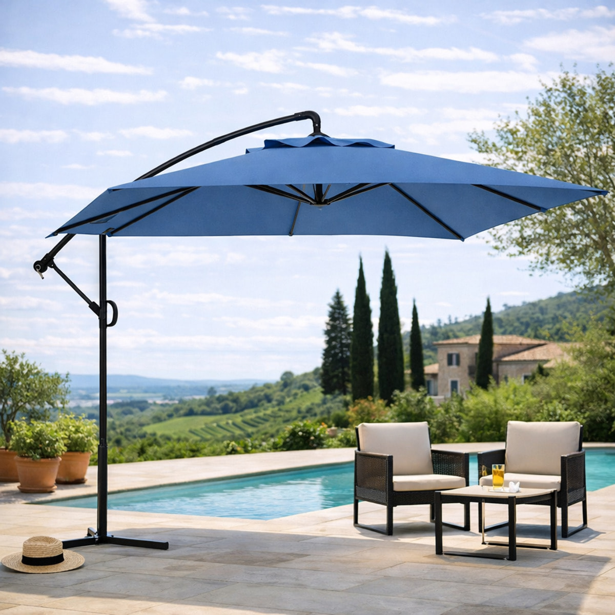 Parasol déporté carré 3 x 3 m – Inclinable et rotatif 360°