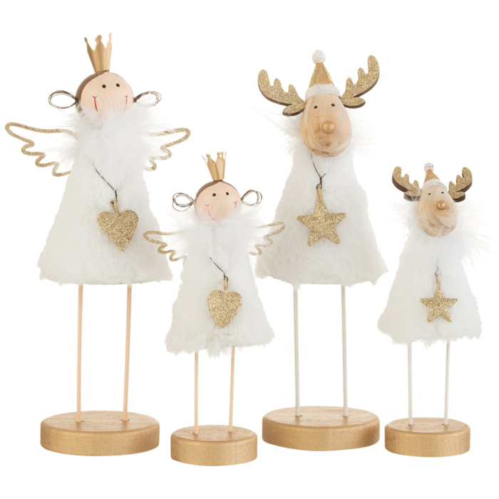 J-Line figurine Ange/Renne Sur Pied - fourrure/bois - blanc/or - large - 2 pcs