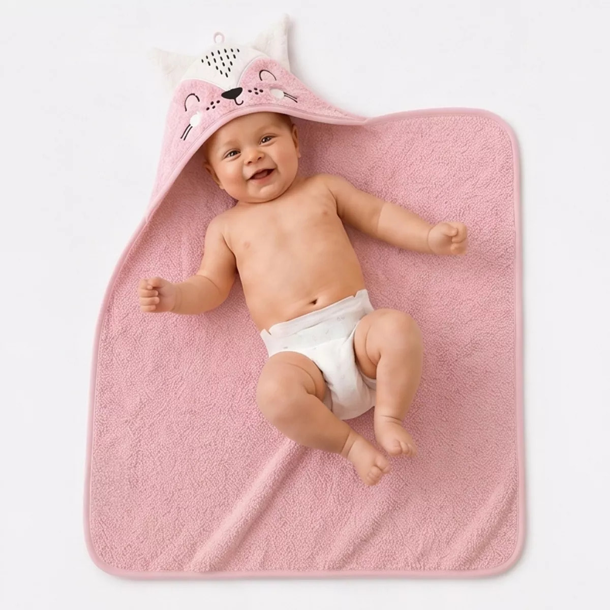 Cape de bain enfant pur coton 420 g/m² brodé rose Petite renarde rose