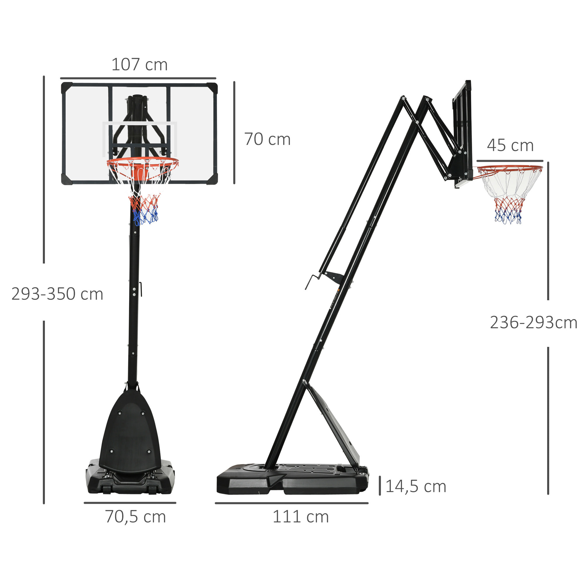 Panier de basket-ball sur pied avec base de lestage sur roulettes hauteur réglable 2,93-3,5 m acier PC noir