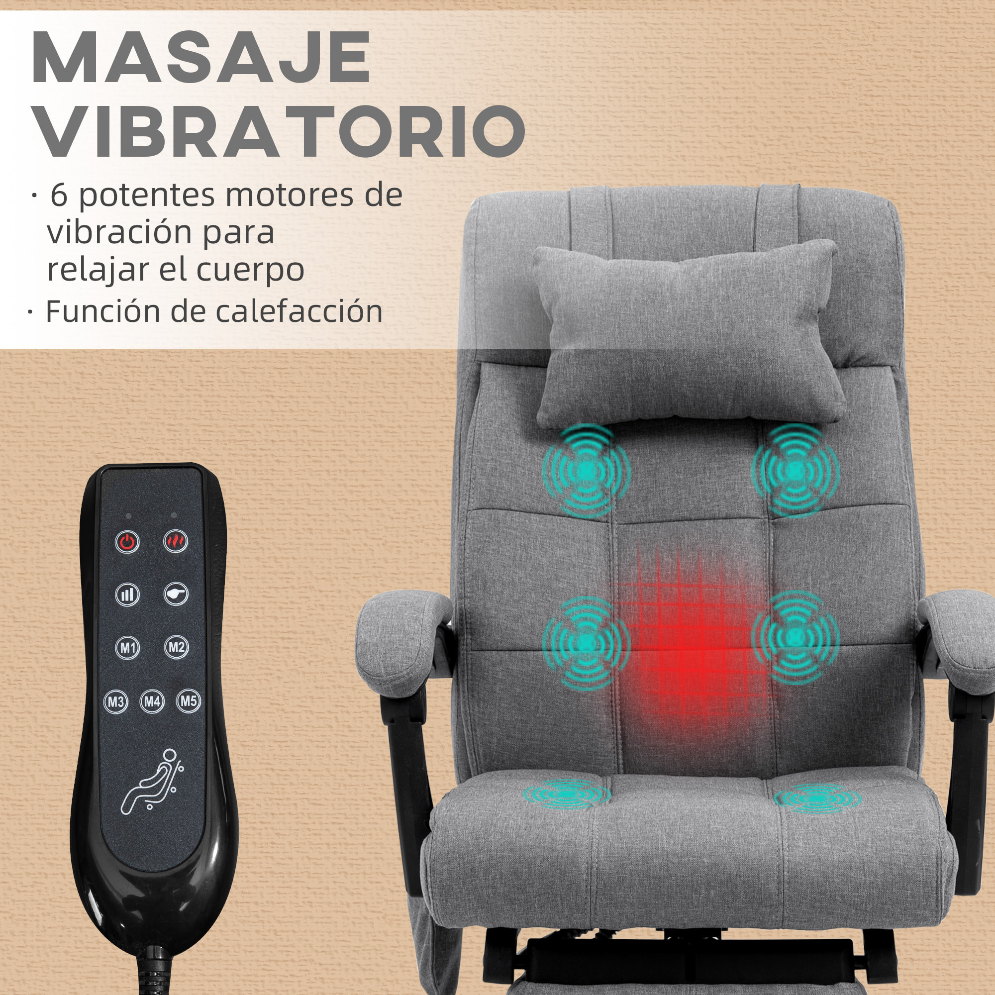 Conjunto de Oficina Incluye 1 Silla de Masaje Reclinable con 6 Puntos de Masaje y Función de Calefacción 66x76x112-120 cm y 1 Alfombra Protectora de Suelo 90x120 cm Gris y Transparente