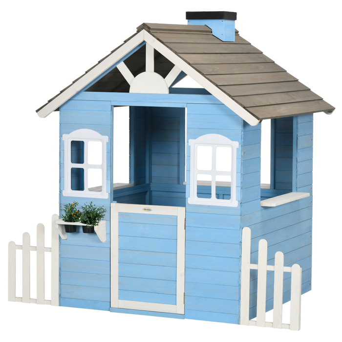 Casa de Madera Infantil Casa de Juegos Exterior para Niños de 3-7 Años con Puerta Ventanas Macetas y Vallas Laterales 151x112,5x142 cm Azul