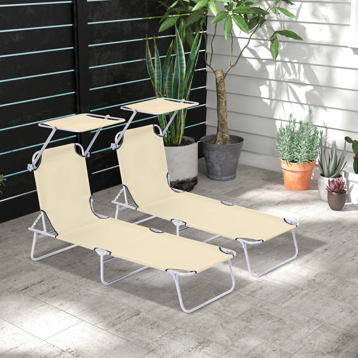 Conjunto de 2 Tumbonas Plegables Tumbonas de Jardín con Toldo Desmontable y Regulable Respaldo Reclinable para Terraza Acampada 187x58x36 cm Beige
