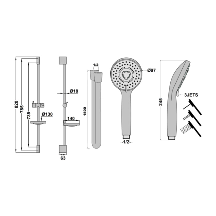 Pack pommeau de douche rond 3 jets + flexible + barre + porte savon PAINI Ruby