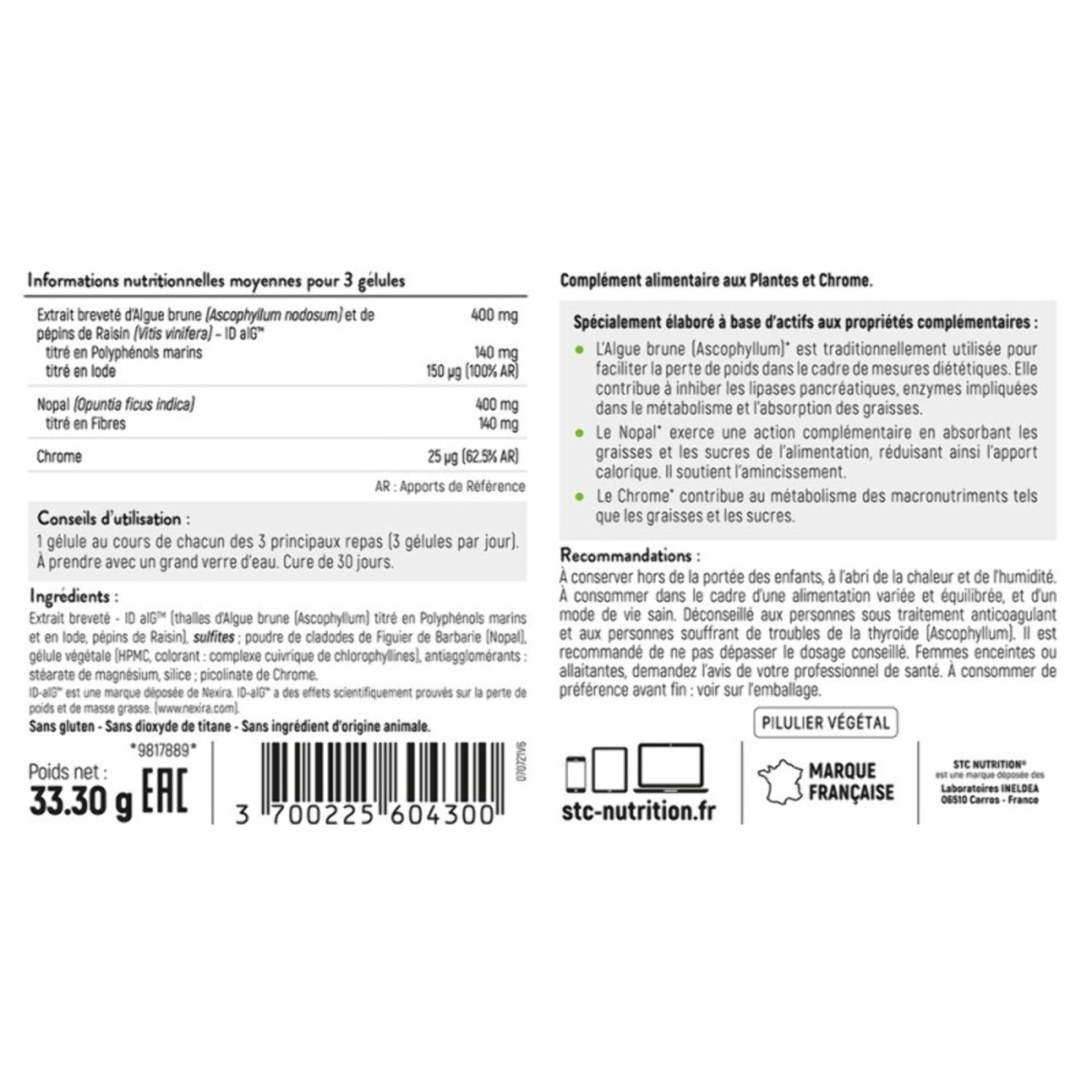 STC NUTRITION - Killercal - Capteur Triple Action Graisse/Sucre/Calories - Active la perte de masse grasse - Réduit l'apport calorique et l'appétit - Vegan - Pilulier de 90 Gélules Végétales