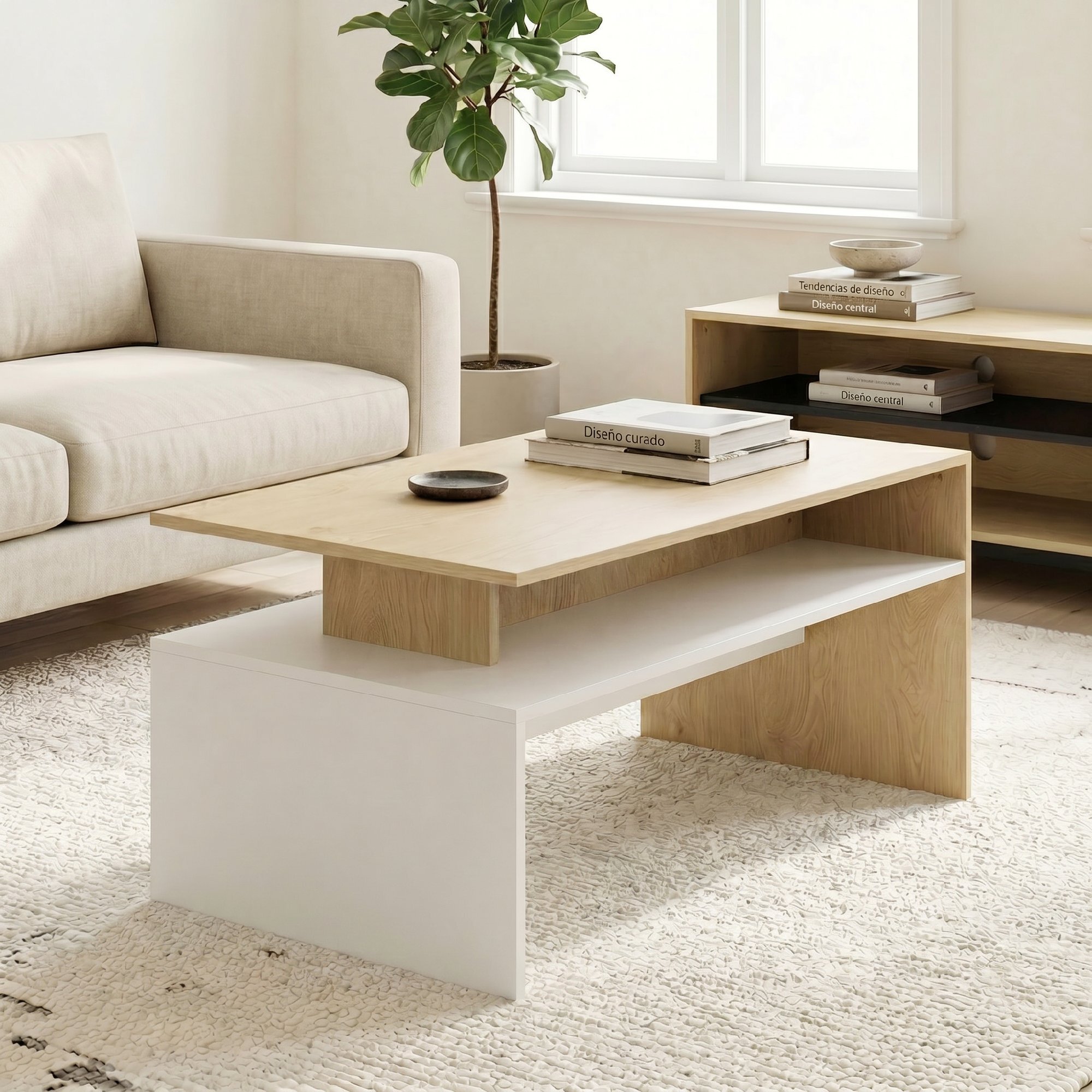Mesa de Centro Moderna, Mesa baja para Salón con Compartimento para Salón, Sala de Estar, 95x55x50 cm, Natural y Blanco