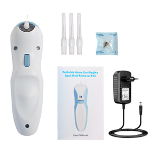 Penna elettrica per rimuovere imperfezioni della pelle, nei, macchie, verruche, lentiggini, ecc. Include 3 aghi sottili e 1 spesso.